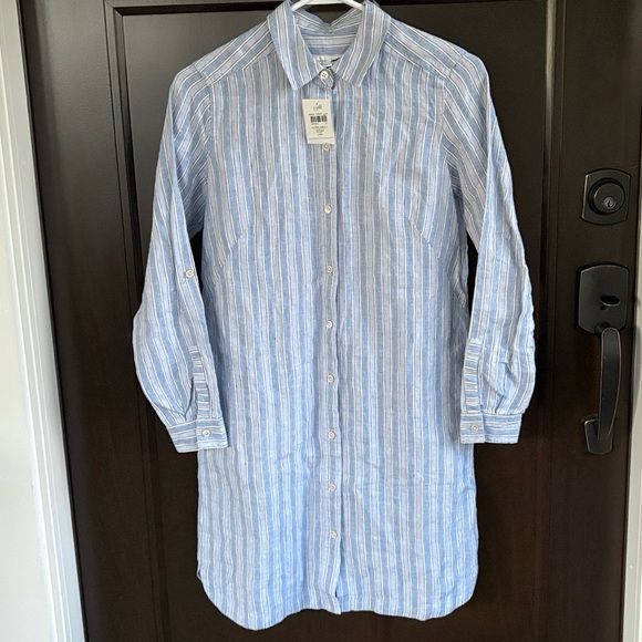 NWT J. Jill Love Linen 100% Linen Striped Roll Tab Sleeve Shirt Dress Petite XS - Picture 3 of 11